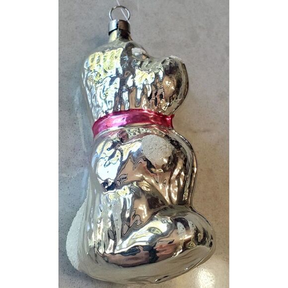 VTG Ornament German or Russian Silver Glass Dog w/ Pink Bow Snow Tufts Textured - Picture 6 of 12